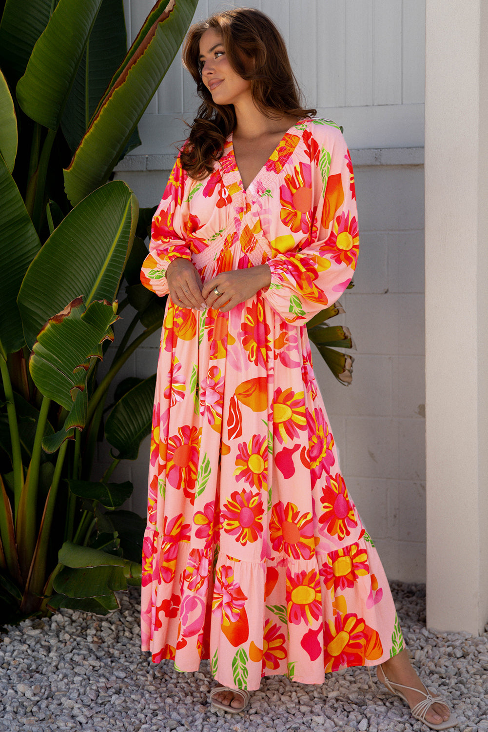 Beige Floral Print Smocked Detail V Neck Puff Sleeve Flowy Maxi Dress Beige / M / 100%Viscose by Blue Zone Planet Beige Floral Print Smocked Detail V Neck Puff Sleeve Flowy Maxi Dress Beige / M / 100%Viscose by Blue Zone Planet