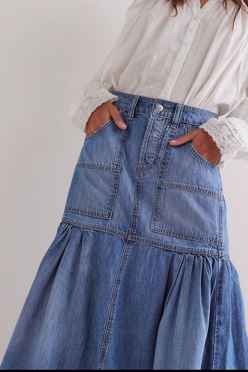 Midi Denim Skirt with Pockets-BOTTOM SIZES SMALL MEDIUM LARGE-[Adult]-[Female]-2022 Online Blue Zone Planet