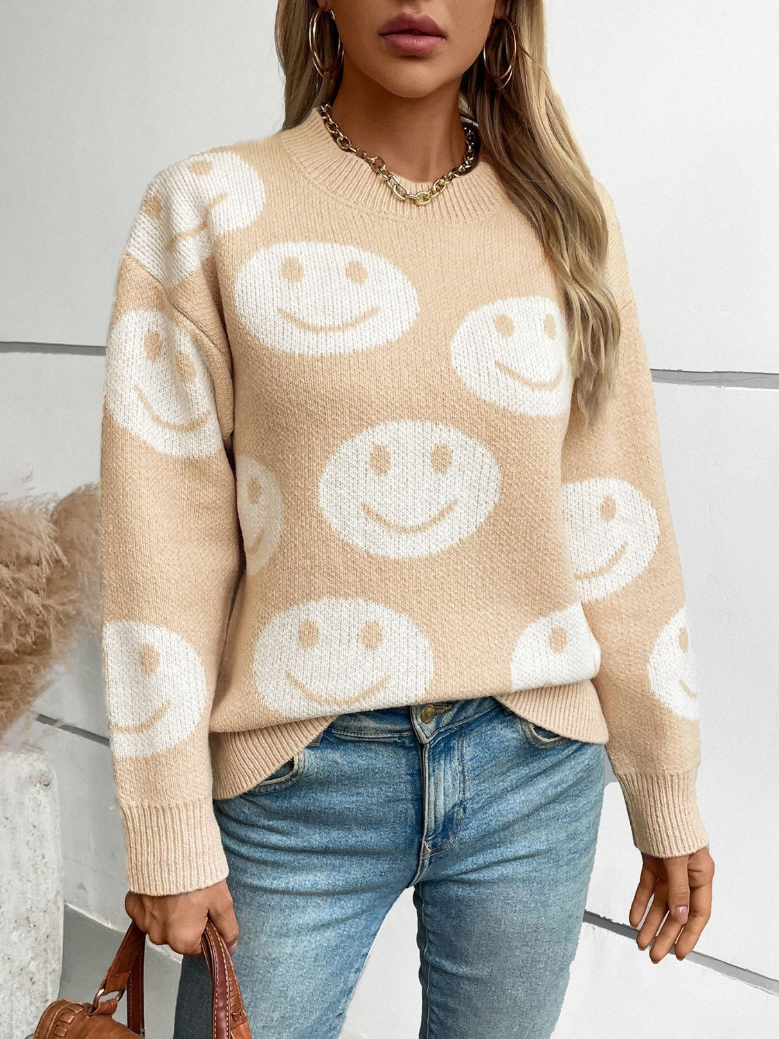 Smile Pattern Round Neck Long Sleeve Sweater-TOPS / DRESSES-[Adult]-[Female]-2022 Online Blue Zone Planet