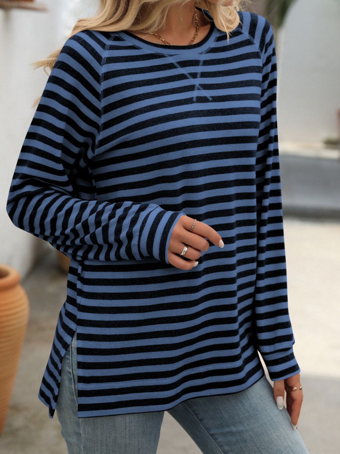 Blue Zone Planet | Mandy Striped Round Neck Long Sleeve T-Shirt-TOPS / DRESSES-[Adult]-[Female]-Dark Blue-S-2022 Online Blue Zone Planet