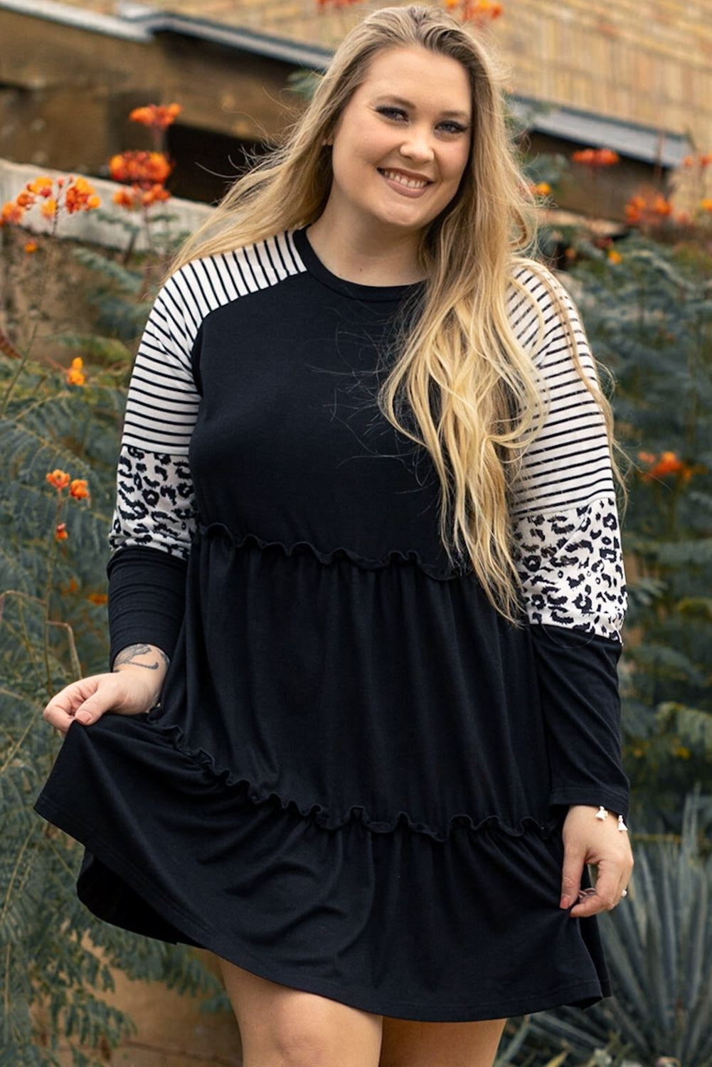 Black Plus Size Striped Leopard Patch Sleeve Ruffle Tiered Dress-TOPS / DRESSES-[Adult]-[Female]-Black-1X-2022 Online Blue Zone Planet