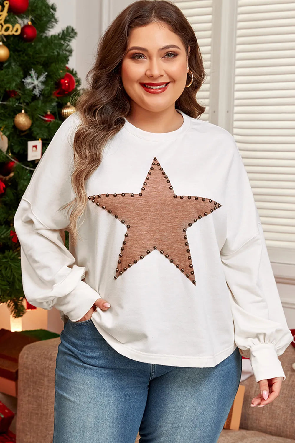 Plus Size Studded Star Round Neck Long Sleeve Blouse-TOPS / DRESSES-[Adult]-[Female]-White-1XL-2022 Online Blue Zone Planet