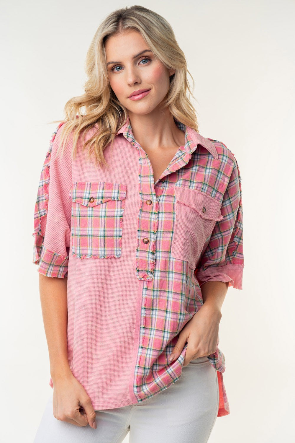 Blue Zone Planet | White Birch Plaid Color Block Half Button Top-TOPS / DRESSES-[Adult]-[Female]-2022 Online Blue Zone Planet