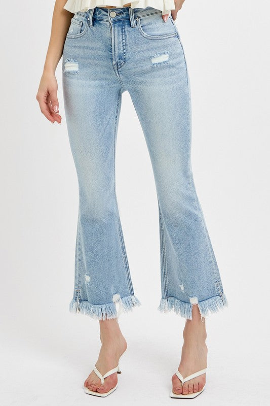 RISEN Full Size Raw Hem Distressed Cropped Flare Jeans Plus Size-BOTTOMS SIZES SMALL MEDIUM LARGE-[Adult]-[Female]-Light-0(24)-2022 Online Blue Zone Planet