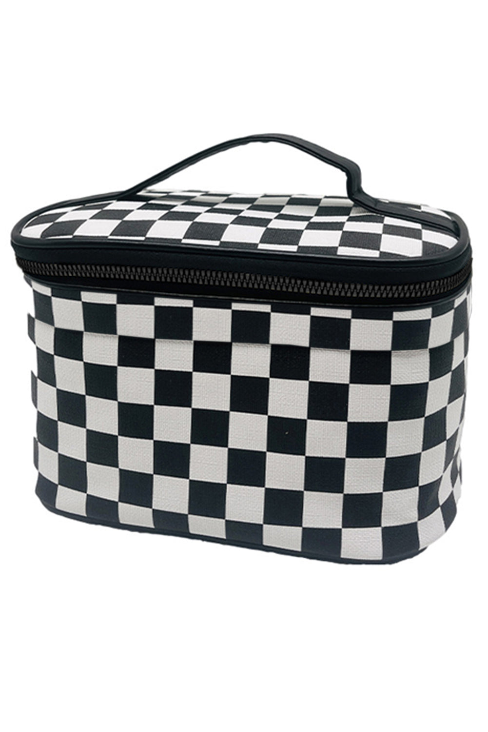 Black Checkered Zipper Large Cosmetic Bag with Handle-Bags-[Adult]-[Female]-Black-ONE SIZE-2022 Online Blue Zone Planet