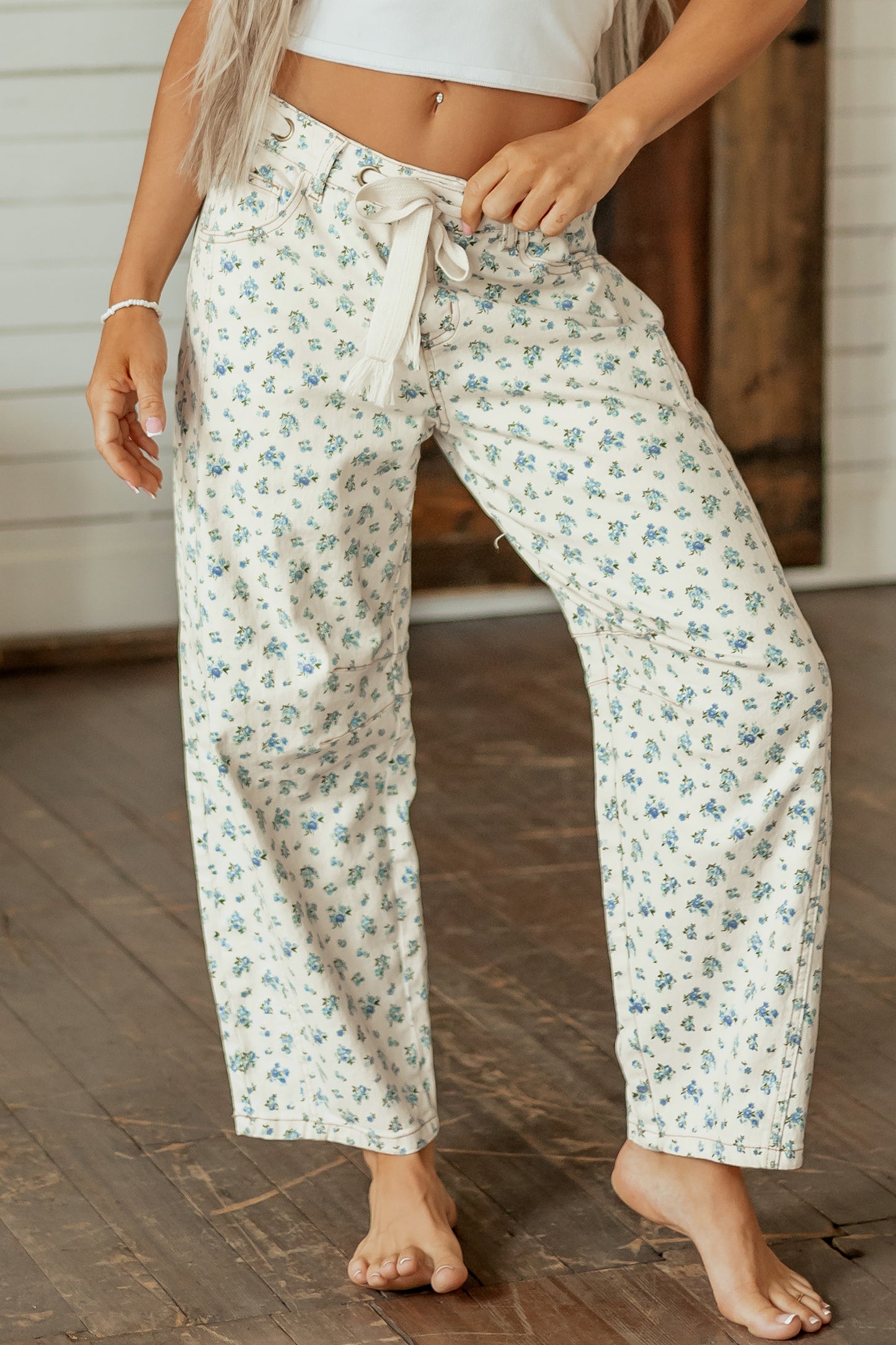 Beige Grommet Knot Waist Floral Barrel Leg Jeans-Bottoms/Jeans-[Adult]-[Female]-2022 Online Blue Zone Planet