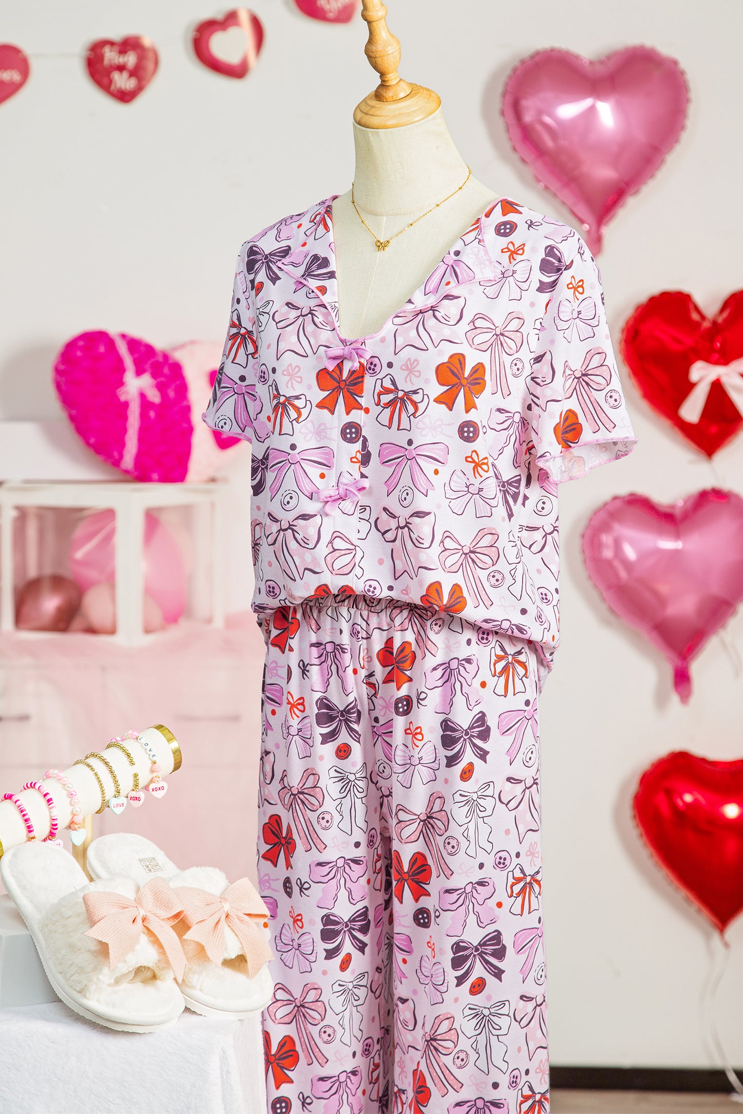 Pink Diverse Bows Buttons Printed Contrast Trim Short Sleeve Shirt Pajama Pant Set-Loungewear & Sleepwear/Sleepwear-[Adult]-[Female]-2022 Online Blue Zone Planet