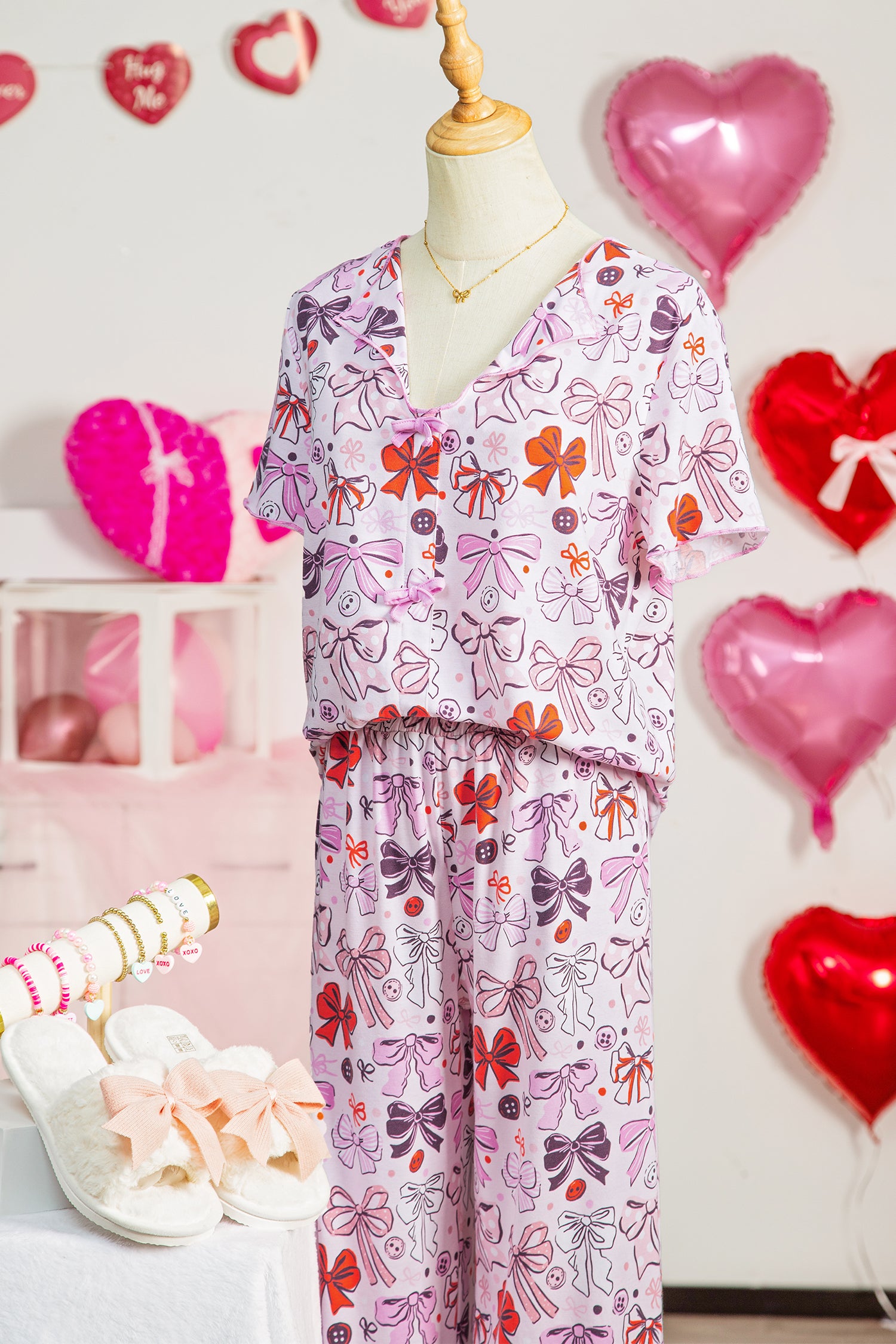 Pink Diverse Bows Buttons Printed Contrast Trim Short Sleeve Shirt Pajama Pant Set-Loungewear & Sleepwear/Sleepwear-[Adult]-[Female]-2022 Online Blue Zone Planet