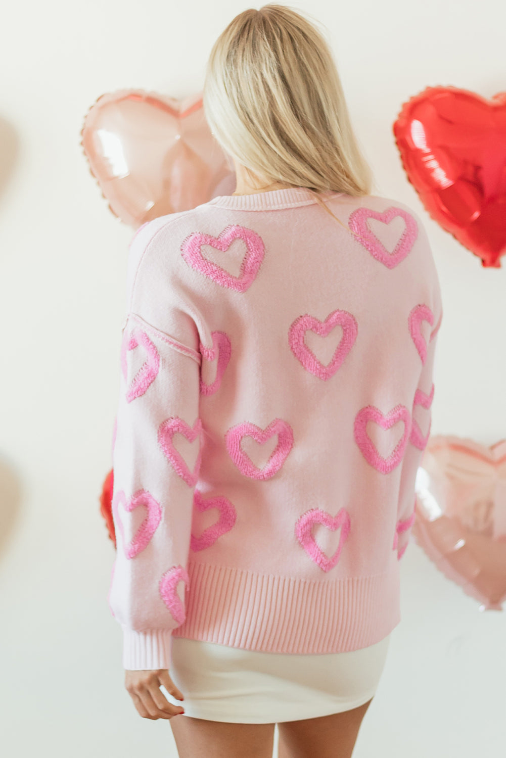 Blue Zone Planet | Pink Heart Shape Bubble Sleeve Baggy Sweater-Sweaters & Cardigans/Sweaters-[Adult]-[Female]-2022 Online Blue Zone Planet