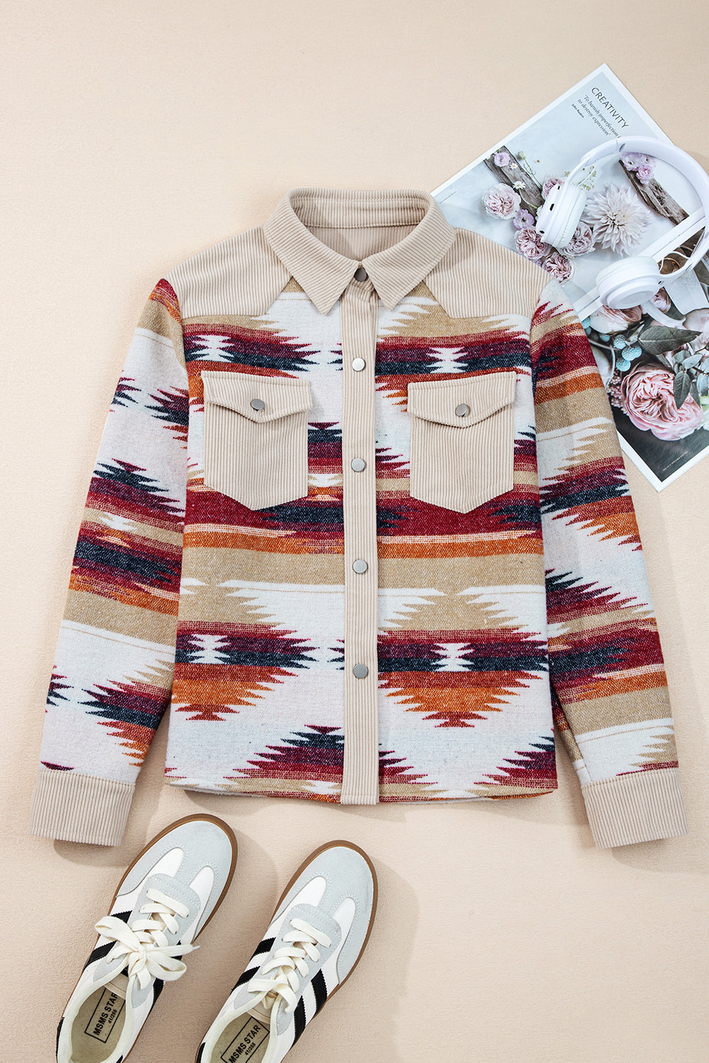 Multicolour Western Aztec Striped Patchwork Double Flap Pocket Raw Hem Shacket-Outerwear/Jackets-[Adult]-[Female]-2022 Online Blue Zone Planet