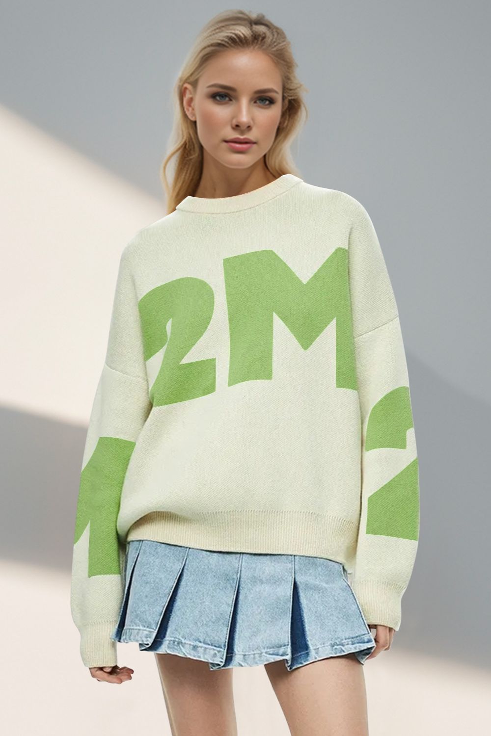 Basic Bae Contrast Letter Round Neck Long Sleeve Sweater-TOPS / DRESSES-[Adult]-[Female]-2022 Online Blue Zone Planet