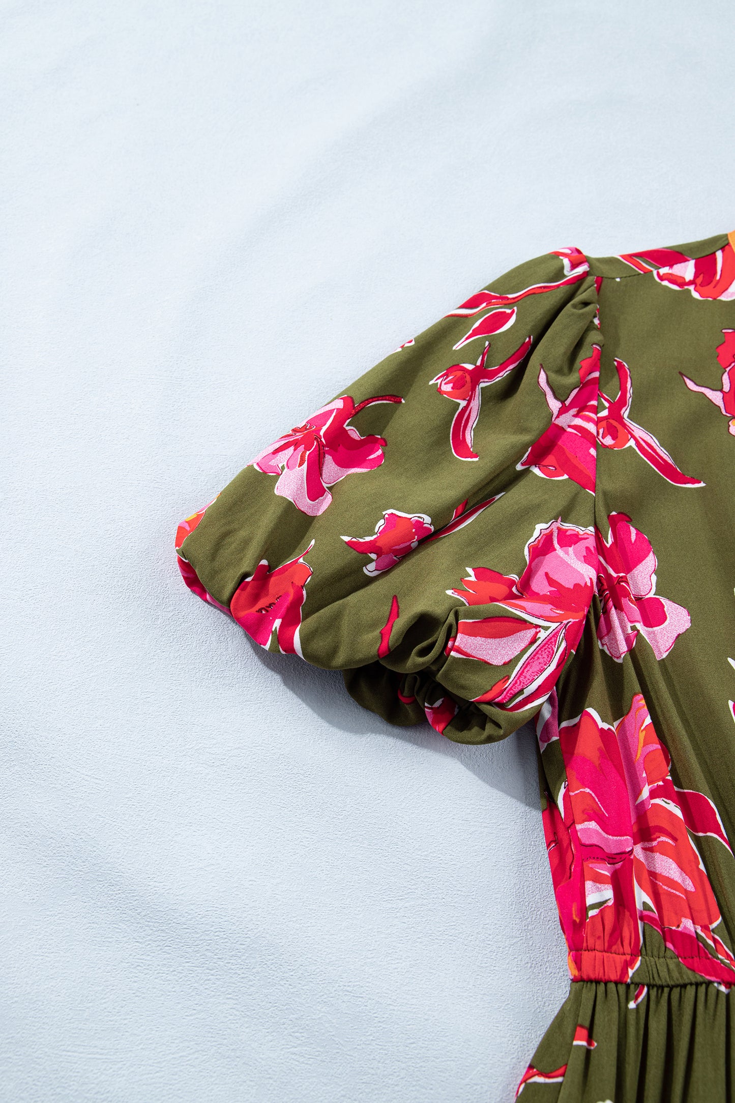 Green Floral Print Striped Trim Split Neck Short Puff Sleeve Ruffle Hem Maxi Dress-Dresses/Maxi Dresses-[Adult]-[Female]-2022 Online Blue Zone Planet