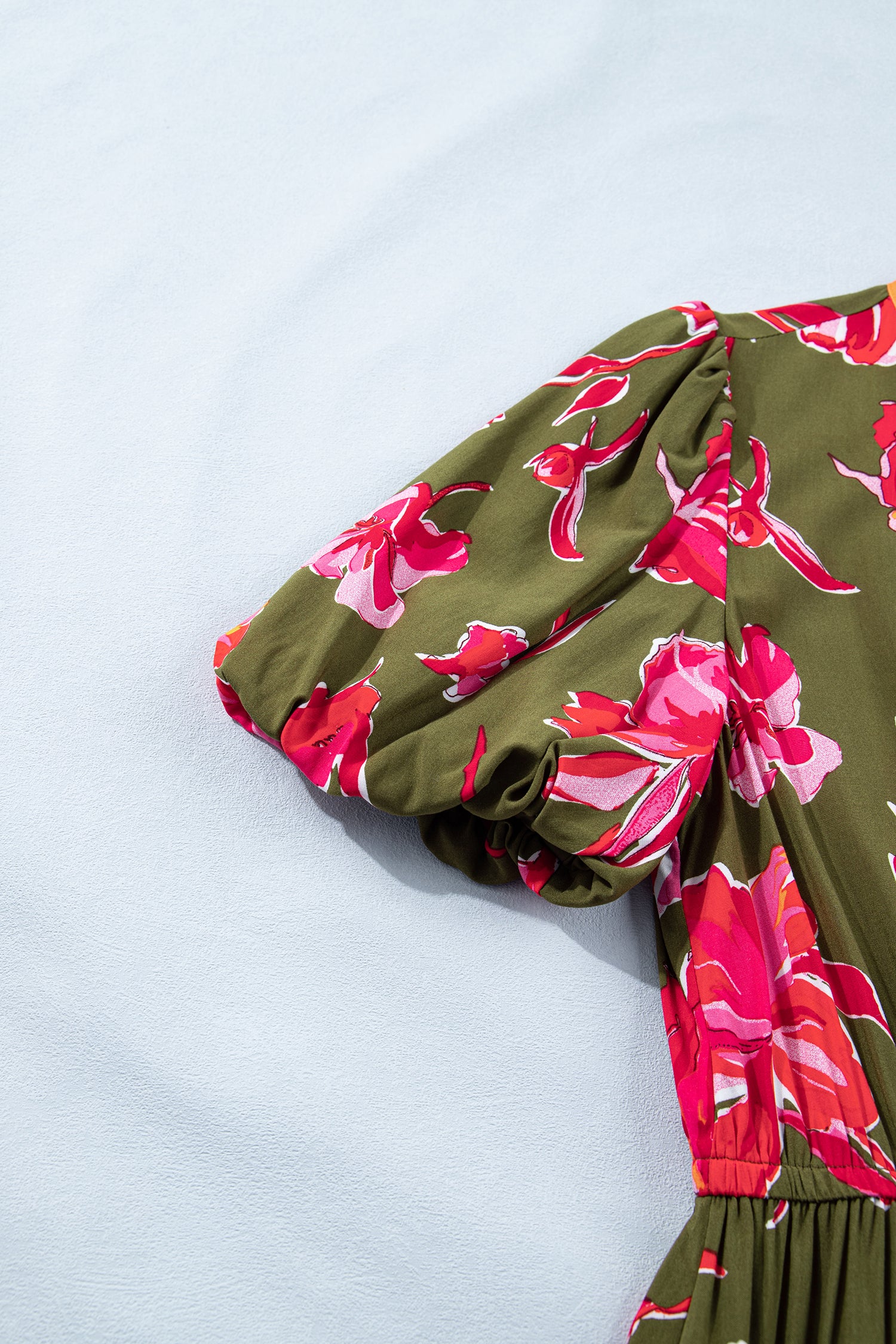 Green Floral Print Striped Trim Split Neck Short Puff Sleeve Ruffle Hem Maxi Dress-Dresses/Maxi Dresses-[Adult]-[Female]-2022 Online Blue Zone Planet