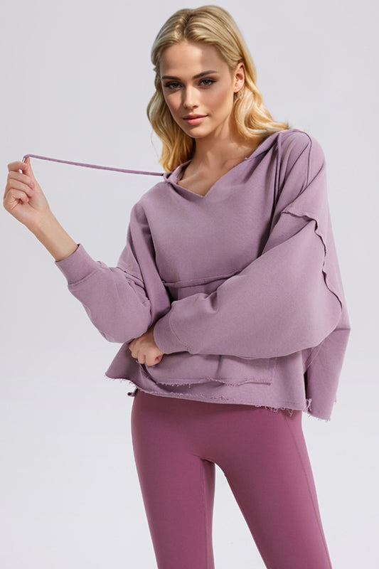 Blue Zone Planet | Basic Bae Drawstring Frayed Hem Long Sleeve Hoodie-TOPS / DRESSES-[Adult]-[Female]-Lilac-S-2022 Online Blue Zone Planet