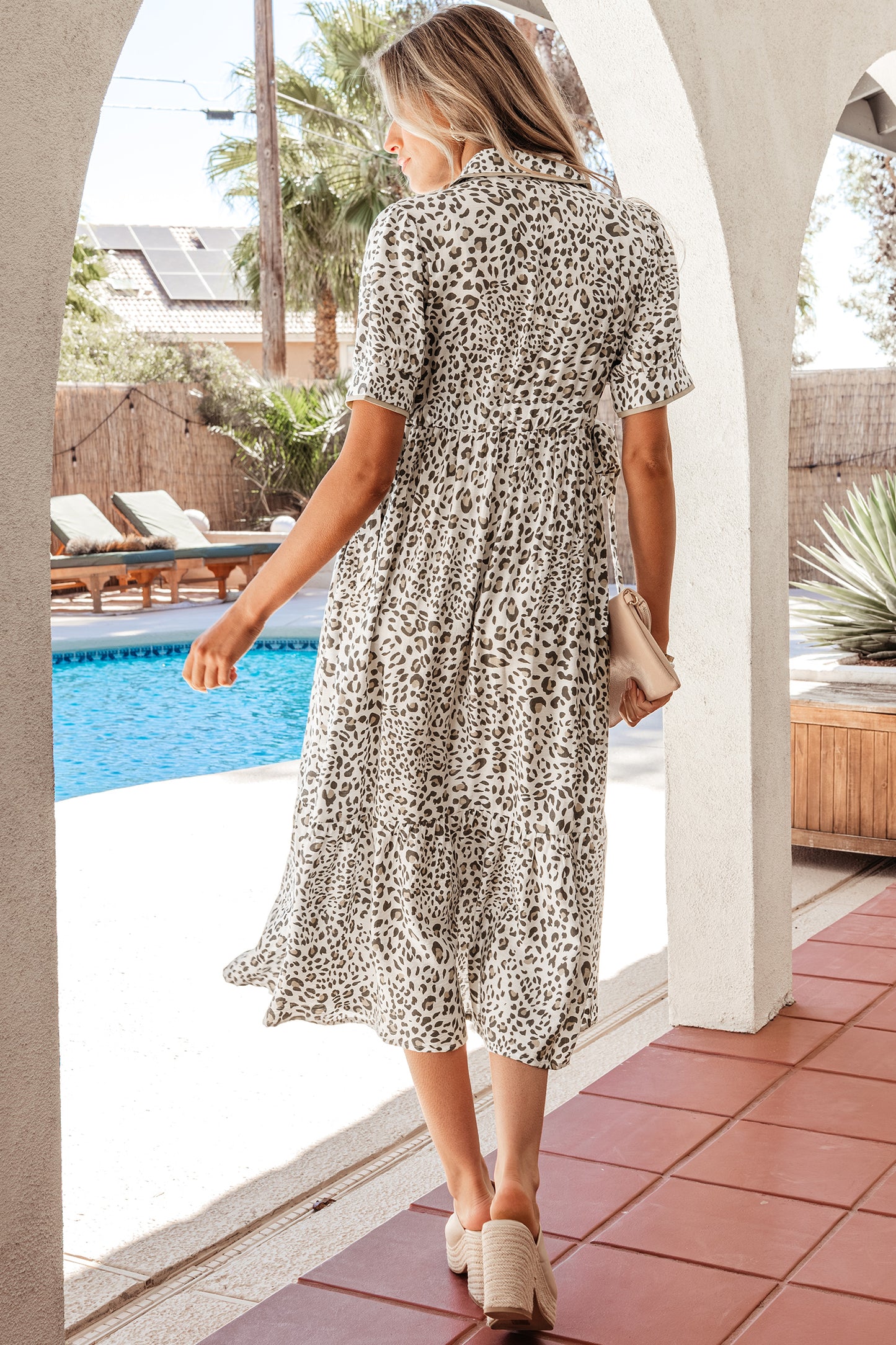 White Leopard Contrast Trim Button Front Short Puff Sleeve Long Dress-Dresses/Midi Dresses-[Adult]-[Female]-2022 Online Blue Zone Planet