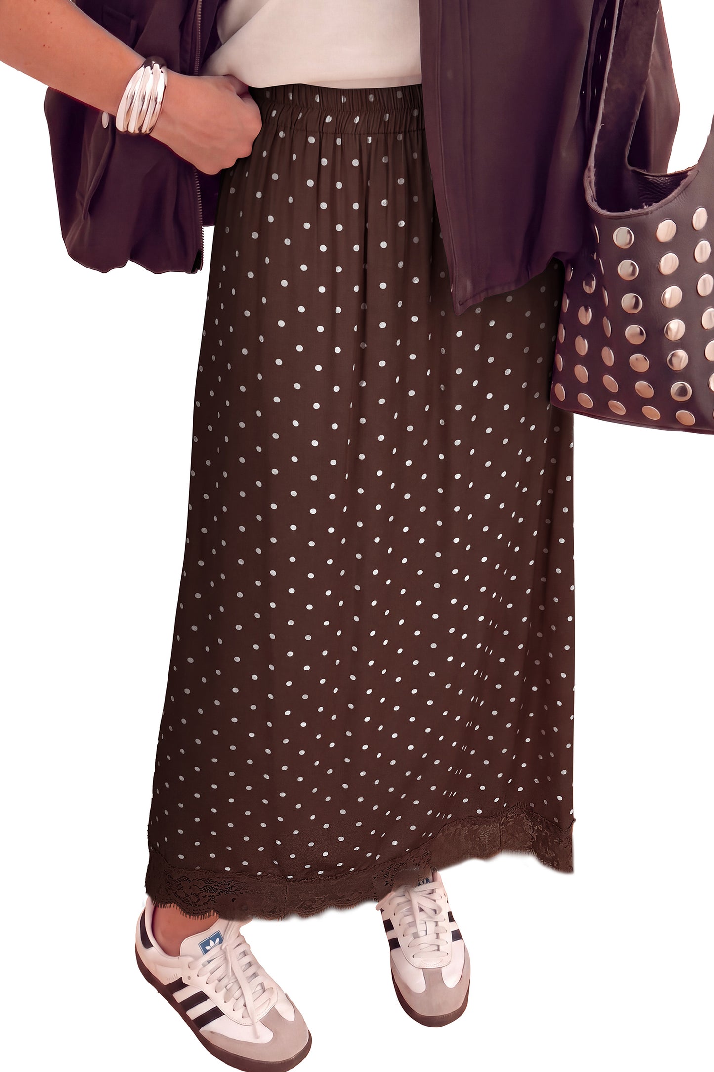 Brown Polka Dot Lace Hem Elegant Long Shift Skirt-Bottoms/Skirts & Petticoat-[Adult]-[Female]-2022 Online Blue Zone Planet