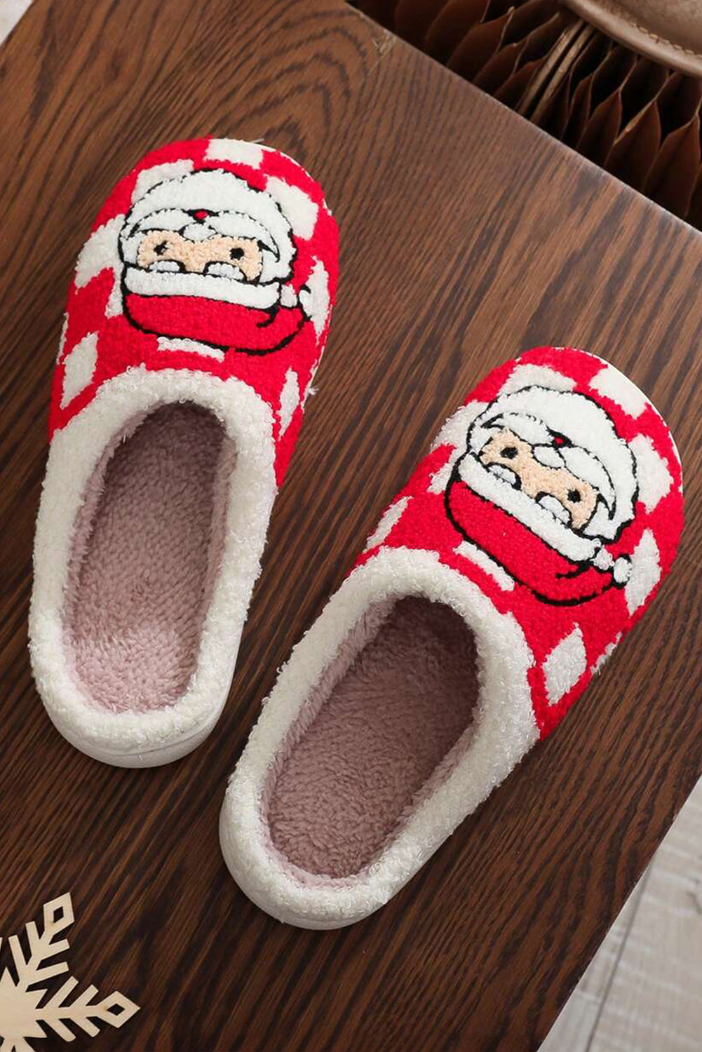 Blue Zone Planet | Fiery Red Checkered Santa Claus Graphic Plush Home Slippers-Shoes & Bags/Slippers-[Adult]-[Female]-2022 Online Blue Zone Planet