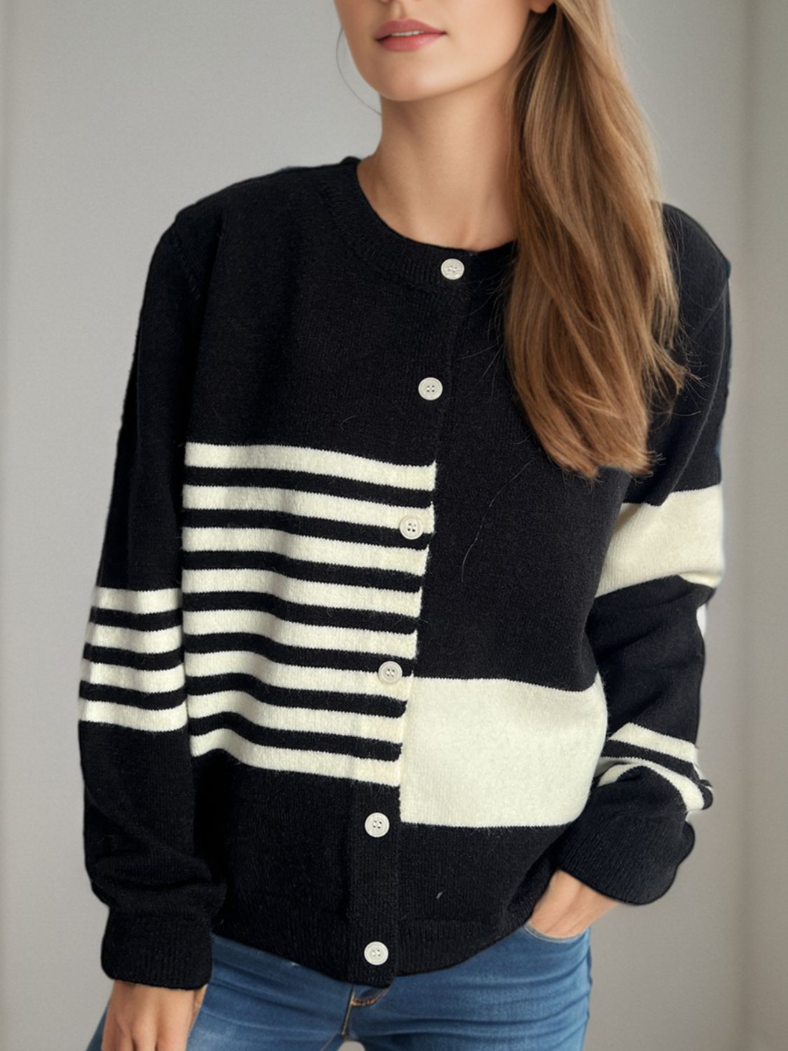 Blue Zone Planet | Striped Color Block Round Neck Cardigan-TOPS / DRESSES-[Adult]-[Female]-Black-One Size-2022 Online Blue Zone Planet