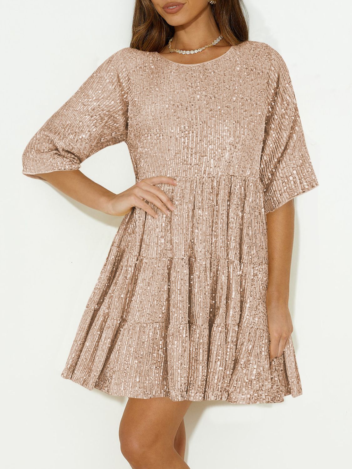 Sequin Round Neck Half Sleeve Mini Dress-TOPS / DRESSES-[Adult]-[Female]-Tan-S-2022 Online Blue Zone Planet