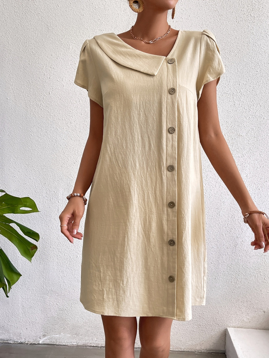 Decorative Button Asymmetrical Neck Short Sleeve Dress-TOPS / DRESSES-[Adult]-[Female]-Khaki-S-2022 Online Blue Zone Planet