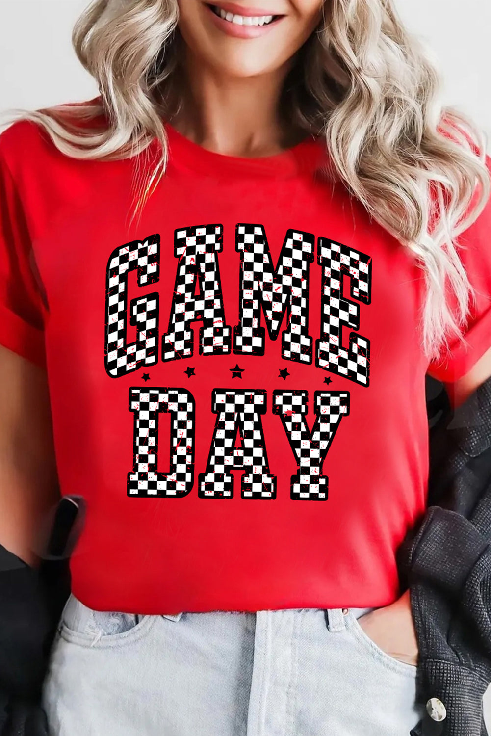 Red Checkered Game Day Graphic T Shirt-Graphic/Graphic Tees-[Adult]-[Female]-2022 Online Blue Zone Planet
