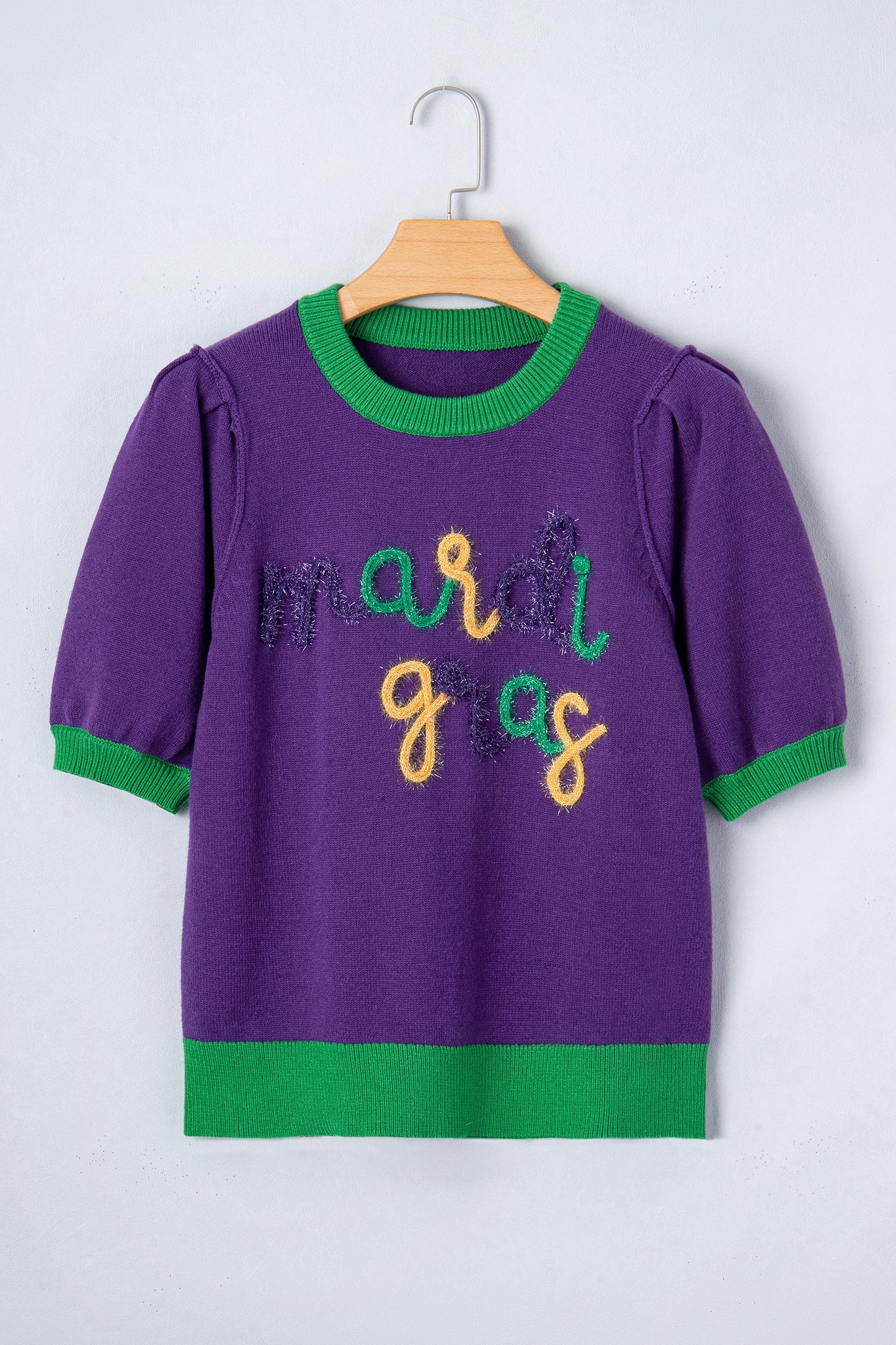 Tillandsia Purple Mardi Gras Tinsel Graphic Short Sleeve Sweater-TOPS / DRESSES-[Adult]-[Female]-2022 Online Blue Zone Planet