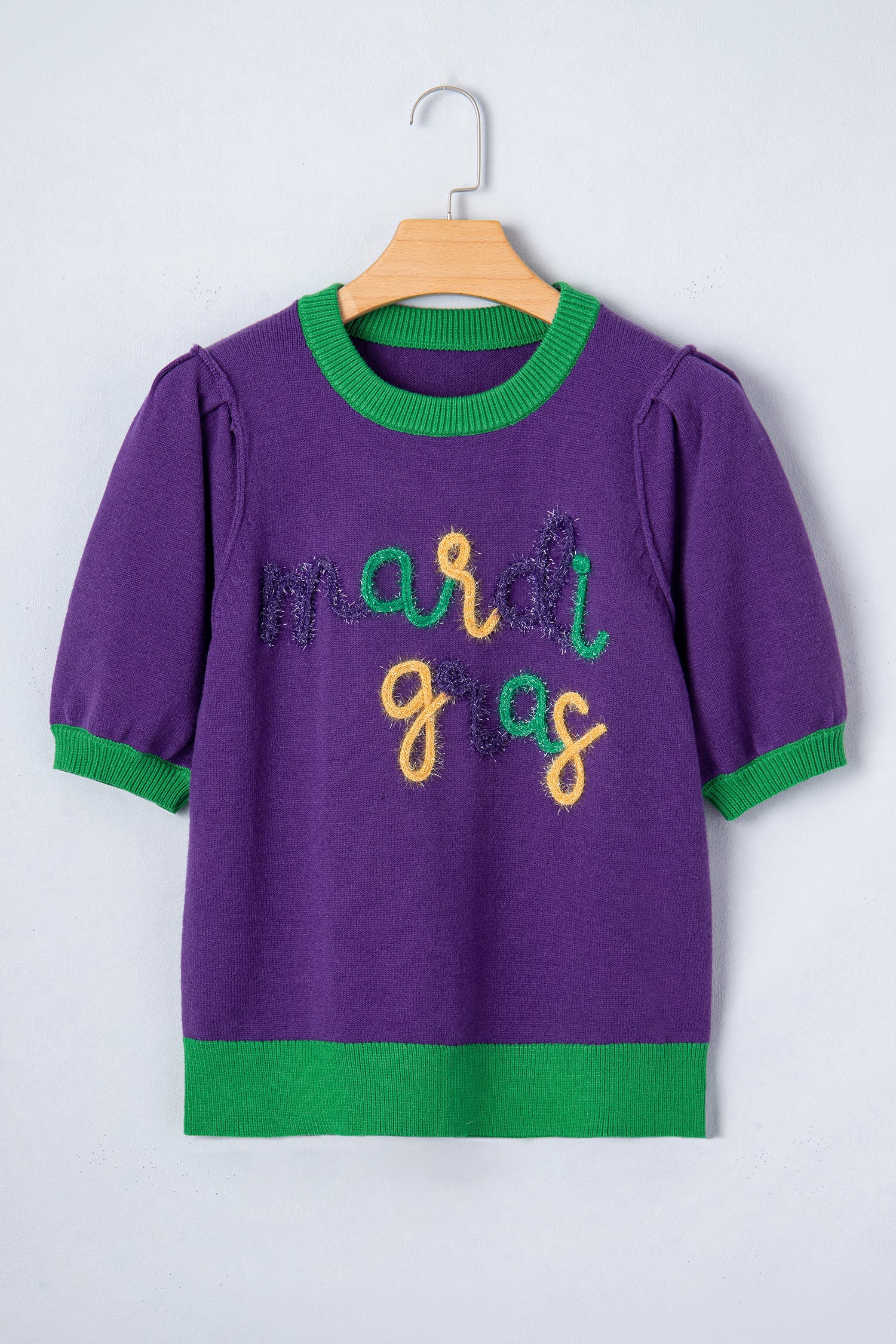 Tillandsia Purple Mardi Gras Tinsel Graphic Short Sleeve Sweater-TOPS / DRESSES-[Adult]-[Female]-2022 Online Blue Zone Planet