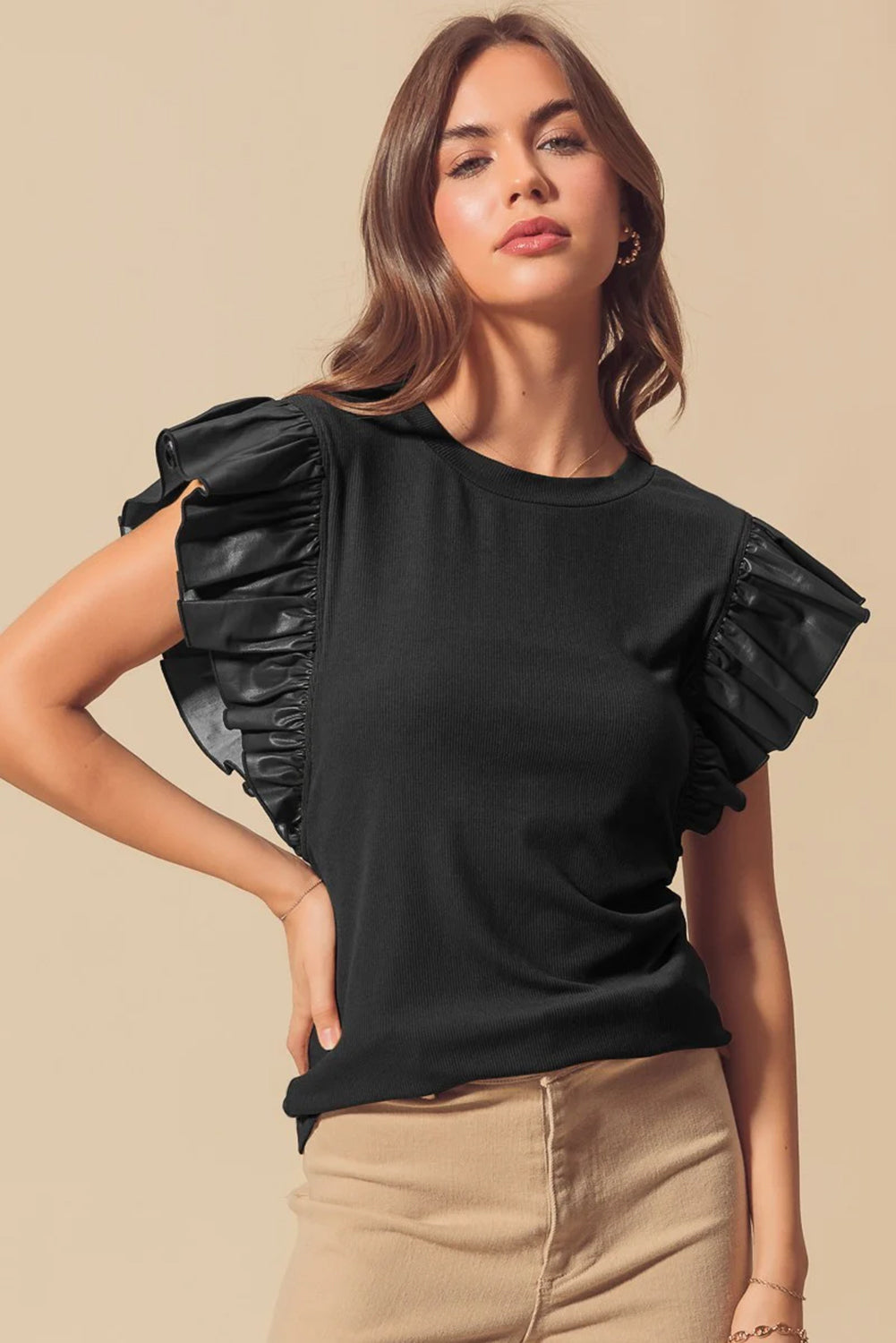 Black Leather Ruffle Sleeve Patchwork Round Neck Blouse-Tops/Blouses & Shirts-[Adult]-[Female]-2022 Online Blue Zone Planet