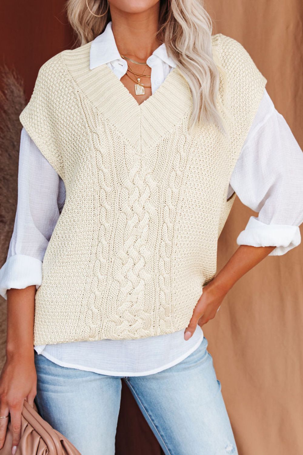 Cable-Knit V-Neck Sweater Vest-TOPS / DRESSES-[Adult]-[Female]-Cream-S-2022 Online Blue Zone Planet