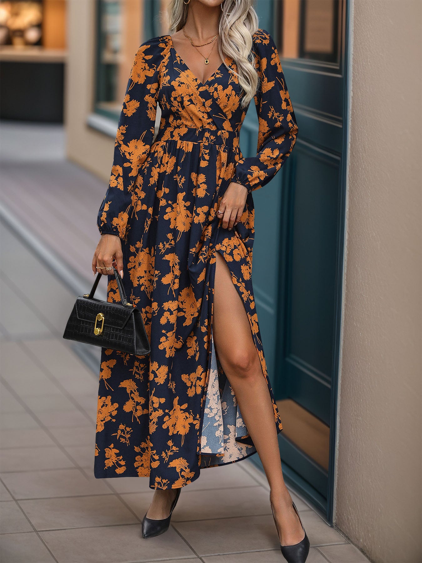 Split Printed Surplice Long Sleeve Midi Dress-TOPS / DRESSES-[Adult]-[Female]-2022 Online Blue Zone Planet