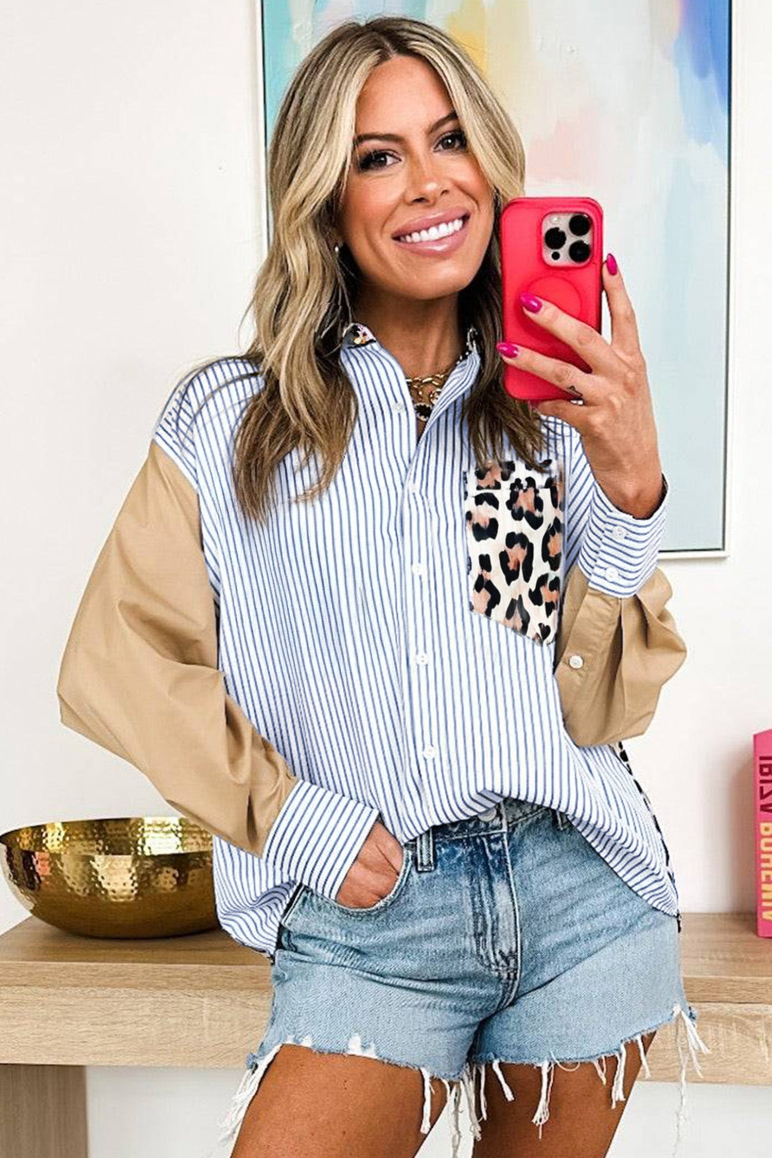 Sky Blue Stripe Colorblock Leopard Patchwork Chest Pocket Cuffed Sleeve Shirt-Tops/Blouses & Shirts-[Adult]-[Female]-2022 Online Blue Zone Planet