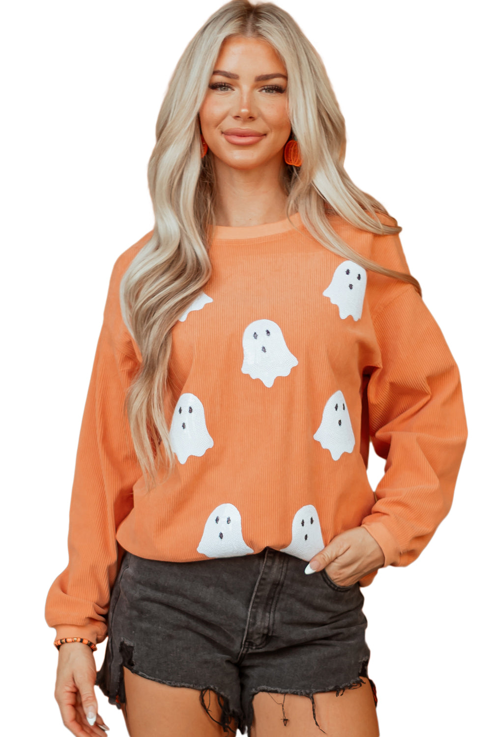 Orange Twisted Ribbed Texture Halloween Ghost Sequin Patched Sweatshirt-Graphic/Graphic Sweatshirts-[Adult]-[Female]-2022 Online Blue Zone Planet