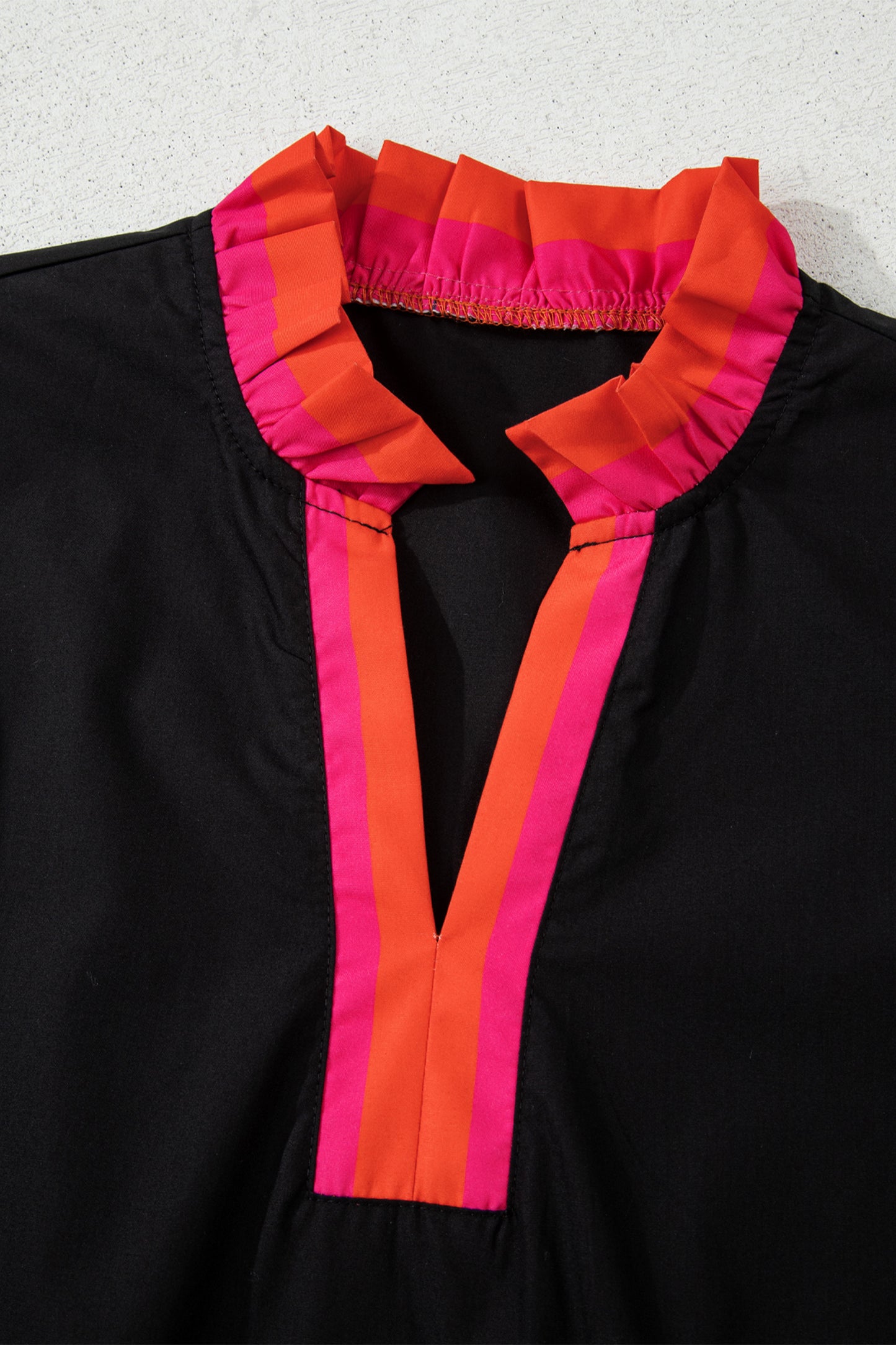 Black Striped Trim Ruffle Split Neck Long Sleeve Blouse-Tops/Blouses & Shirts-[Adult]-[Female]-2022 Online Blue Zone Planet