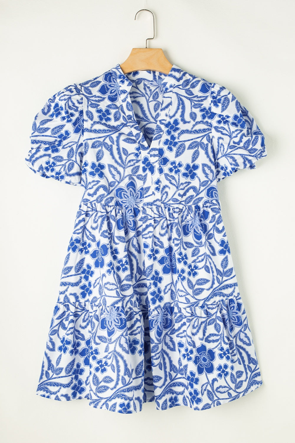 Printed Notched Puff Sleeve Dress-TOPS / DRESSES-[Adult]-[Female]-Royal Blue-S-2022 Online Blue Zone Planet
