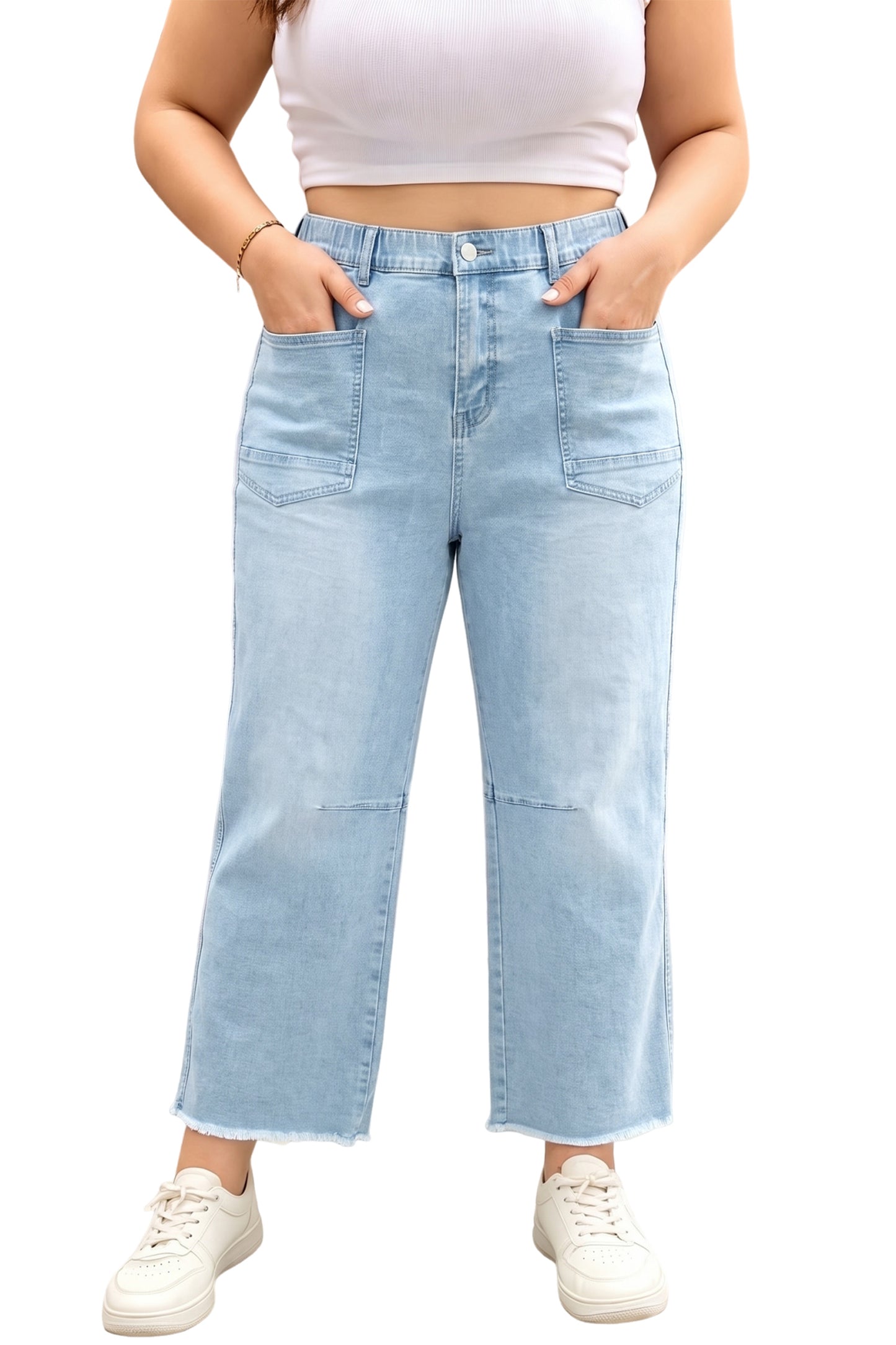Beau Blue Plus Size Seam Detail Patch Pocket Raw Cut Shift Jeans-Plus Size/Plus Size Bottoms-[Adult]-[Female]-2022 Online Blue Zone Planet