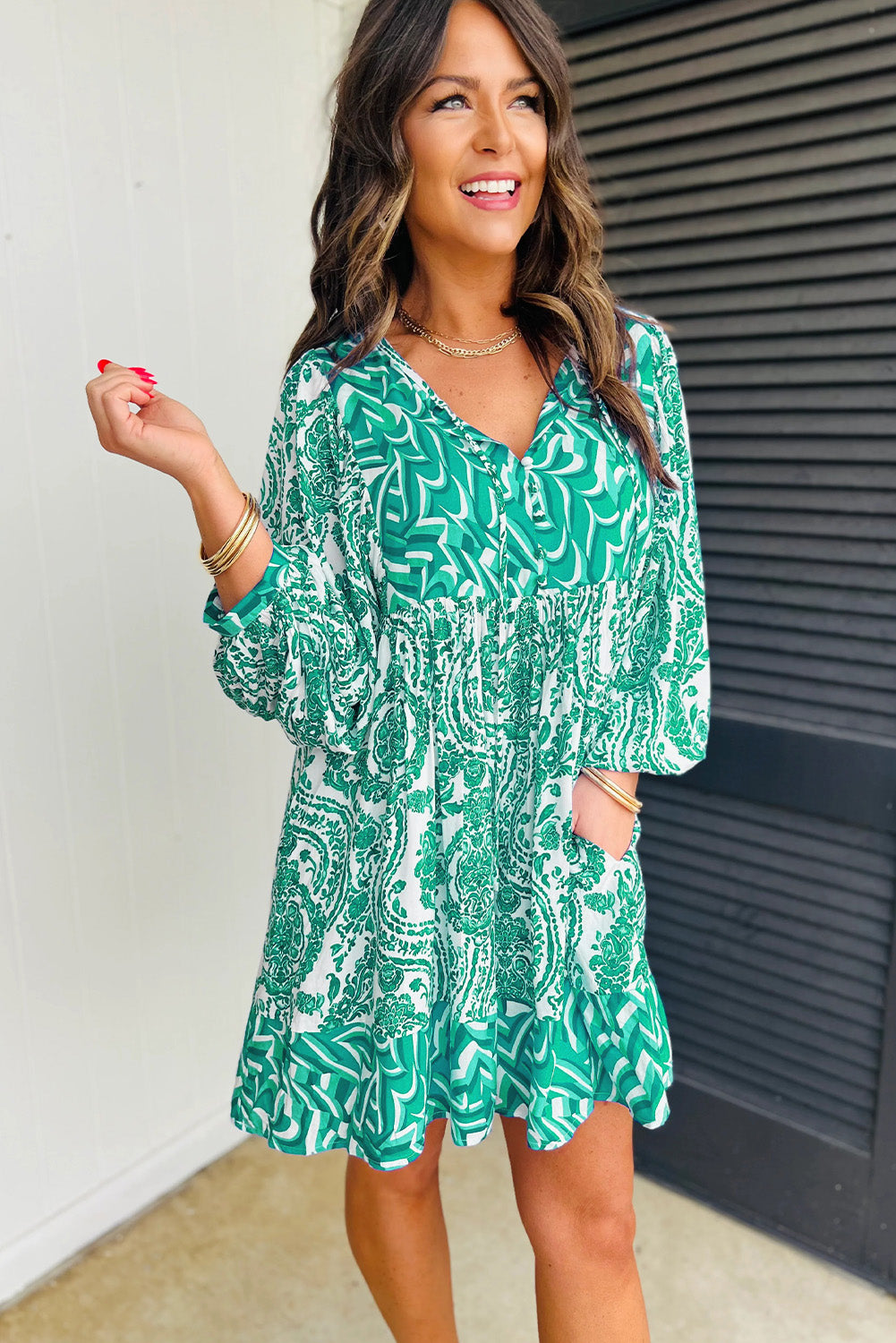 Green Bohemian Print Puff Sleeve Tied V Neck Flared Mini Dress-Dresses/Mini Dresses-[Adult]-[Female]-2022 Online Blue Zone Planet