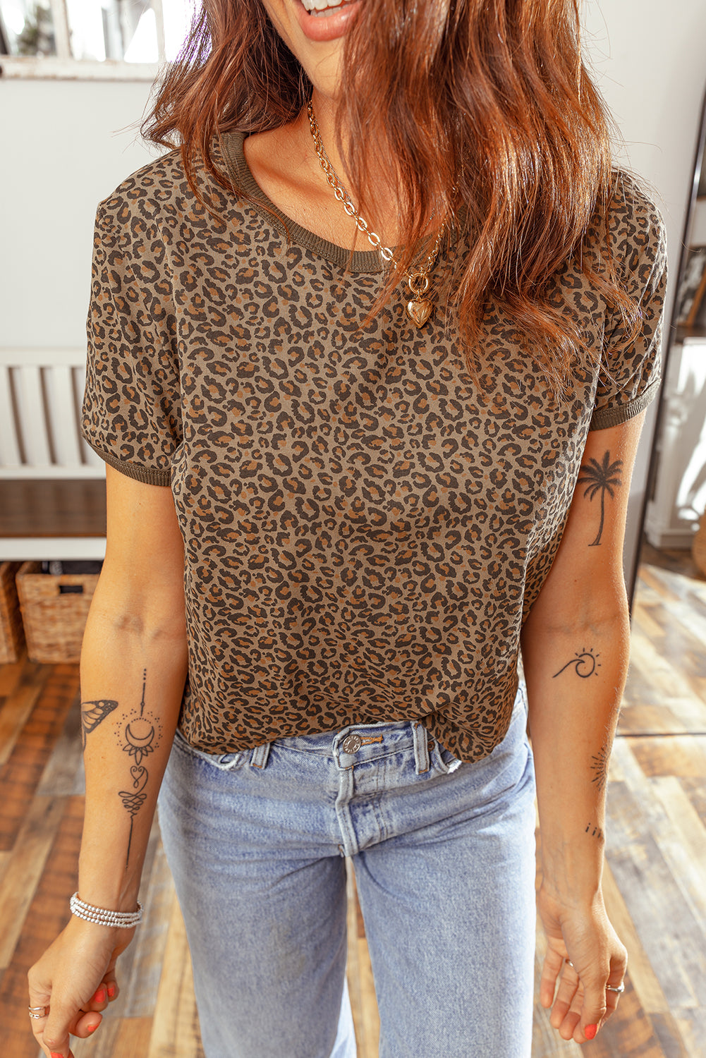 Khaki Fierce Leopard Crew Neck T Shirt