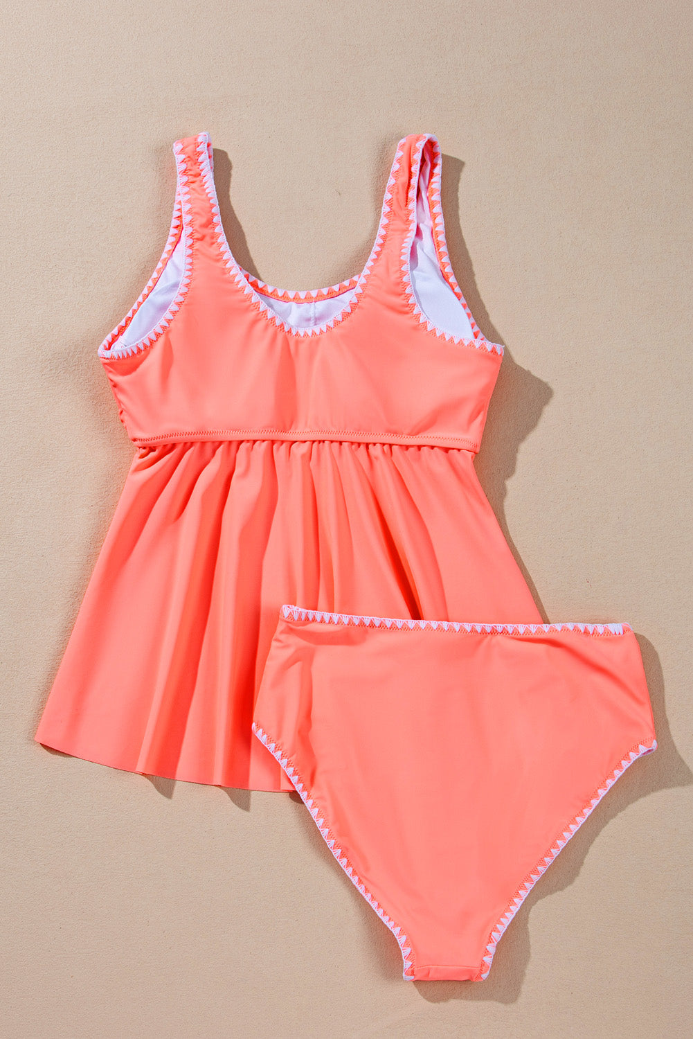 Fresh Salmon Contrast Trim Ruffled Peplum Top Tankini Swimsuit-Swimwear/Tankinis-[Adult]-[Female]-2022 Online Blue Zone Planet