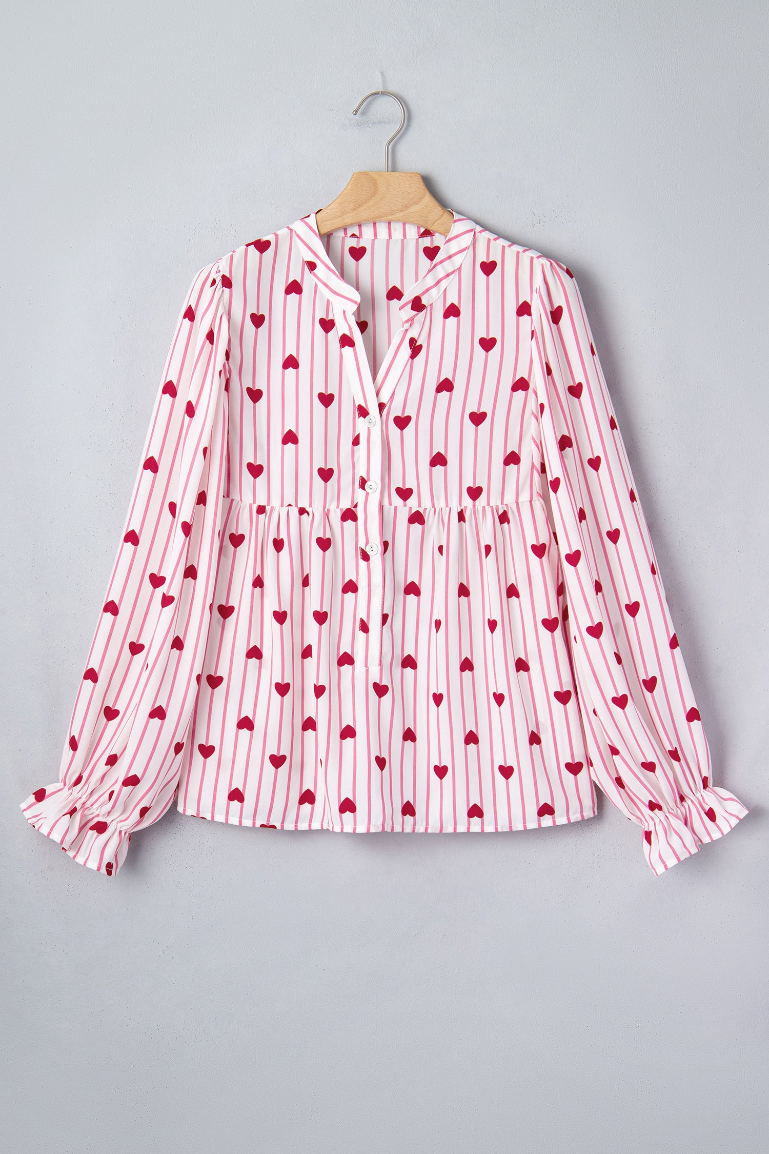 Pink Stripe Textured Heart Print Long Flounce Sleeve Shirt-Tops/Blouses & Shirts-[Adult]-[Female]-2022 Online Blue Zone Planet