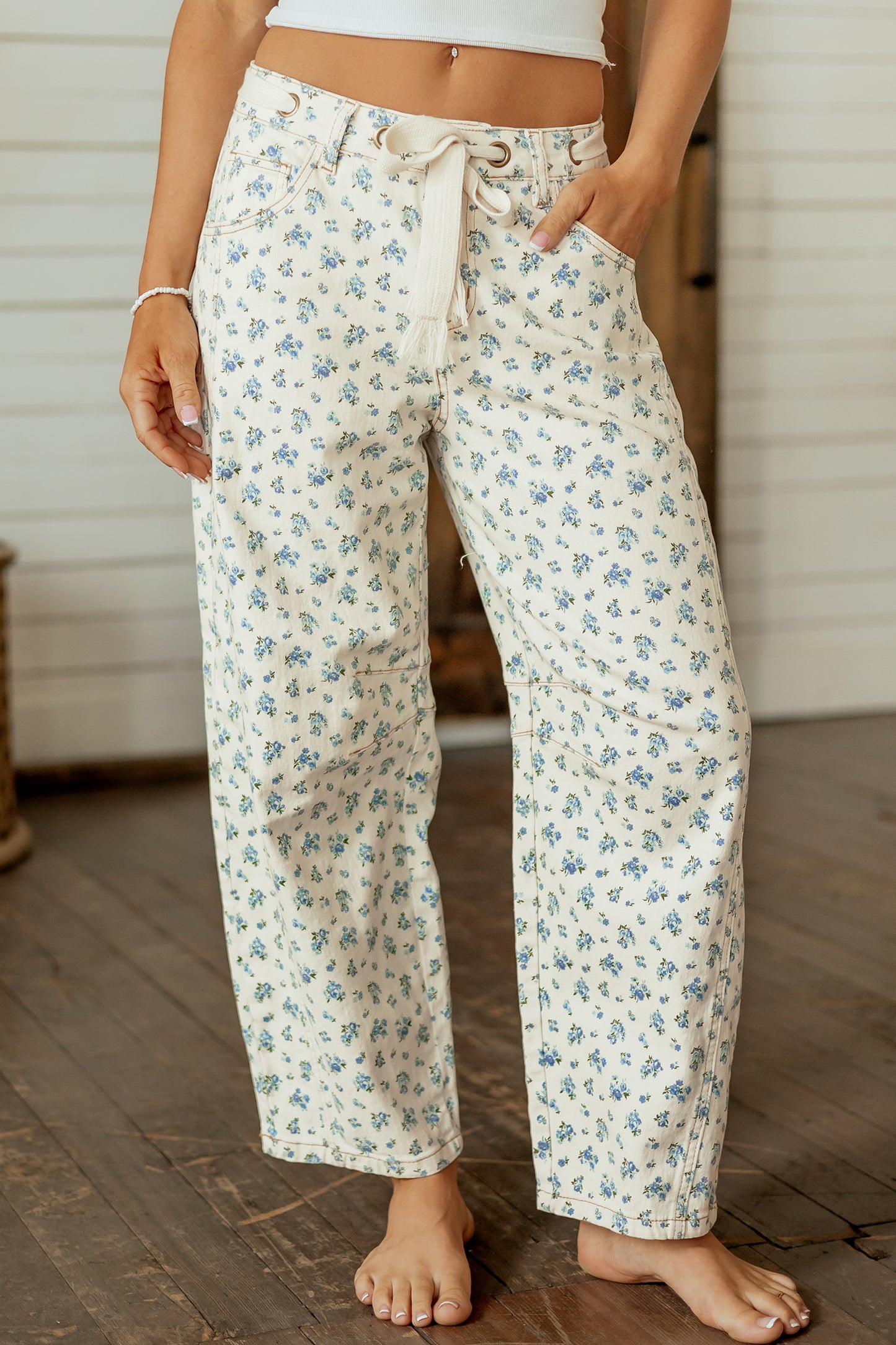 Beige Grommet Knot Waist Floral Barrel Leg Jeans-Bottoms/Jeans-[Adult]-[Female]-2022 Online Blue Zone Planet