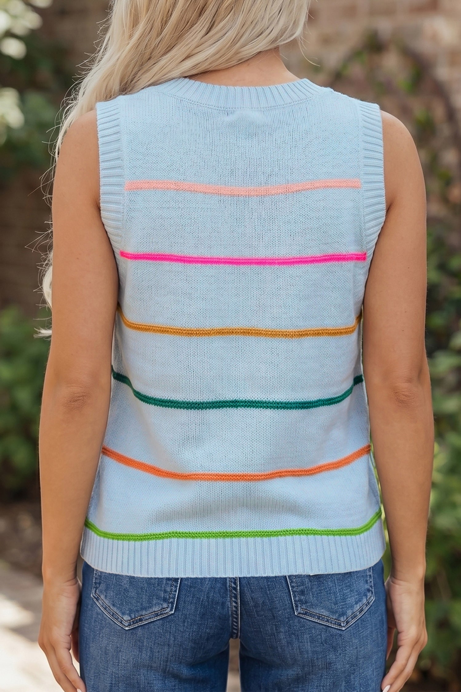 Sky Blue Stripe Round Neck Knitted Sweater Tank-TOPS / DRESSES-[Adult]-[Female]-2022 Online Blue Zone Planet