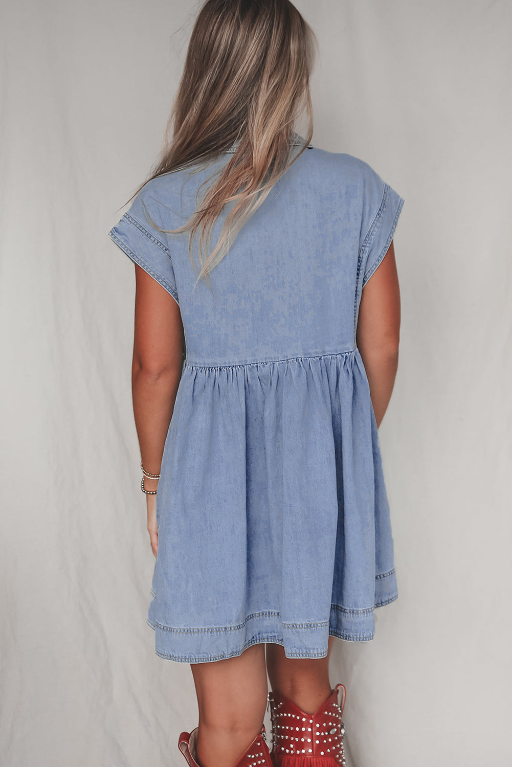 Beau Blue Lapel Neck Cap Sleeve High Waist Denim Babydoll Dress-Dresses/Mini Dresses-[Adult]-[Female]-2022 Online Blue Zone Planet