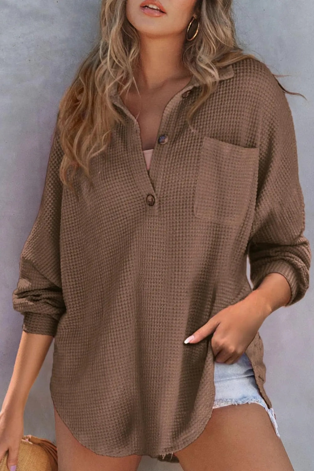 Half Button Long Sleeve Sweatshirt-TOPS / DRESSES-[Adult]-[Female]-Coffee Brown-S-2022 Online Blue Zone Planet