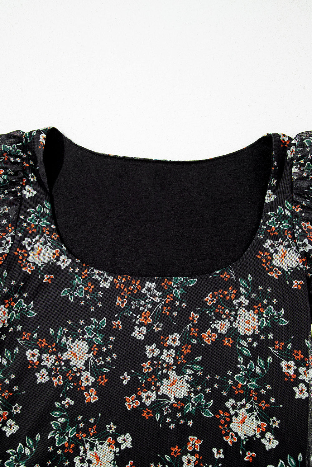 Black Floral Print U Neck Short Puff Sleeve Bodysuit-Tops/Bodysuits-[Adult]-[Female]-2022 Online Blue Zone Planet