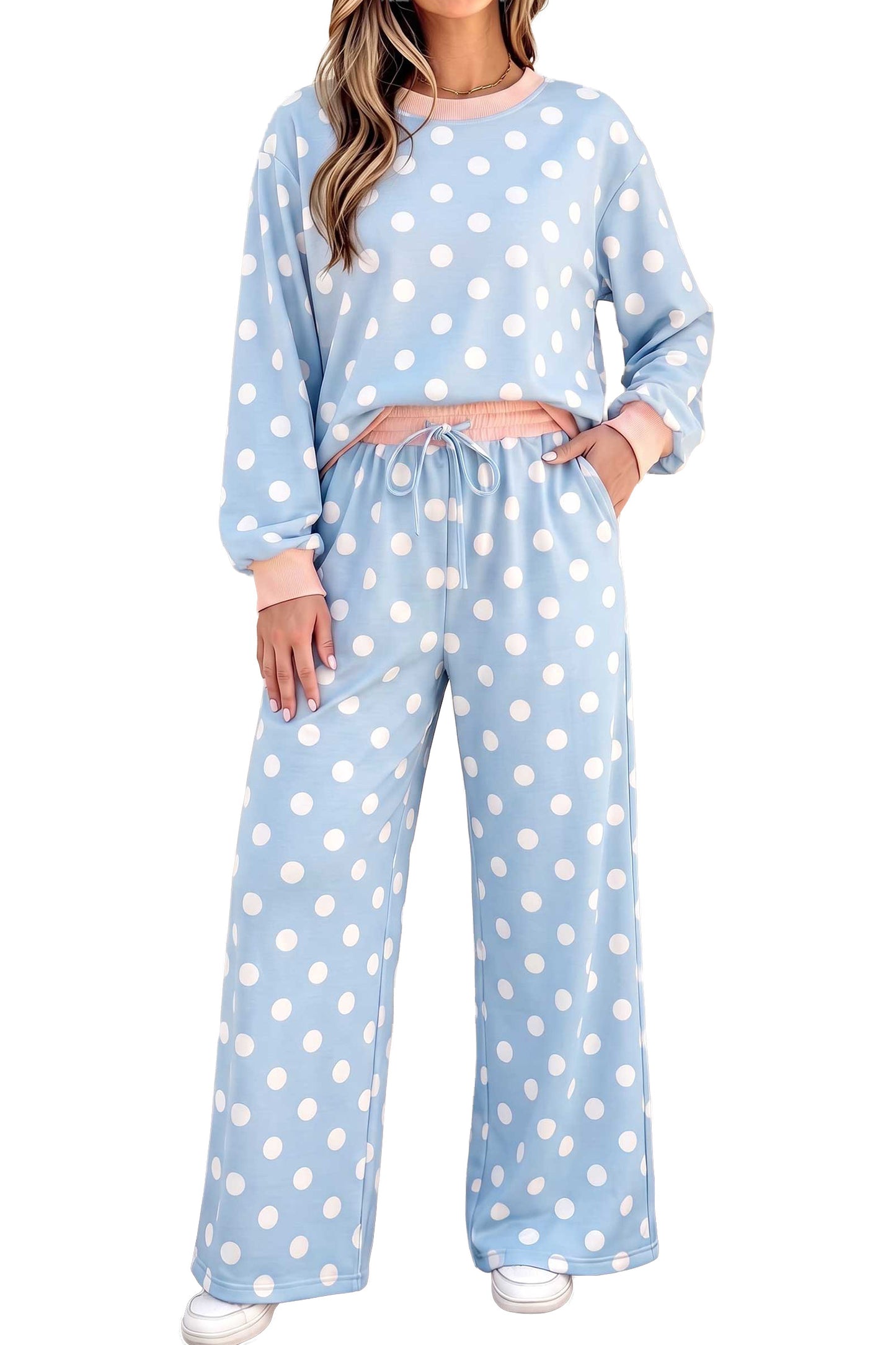 Pink Polka Dot Contrast Trim Long Sleeve Top Drawstring Shift Pants Set