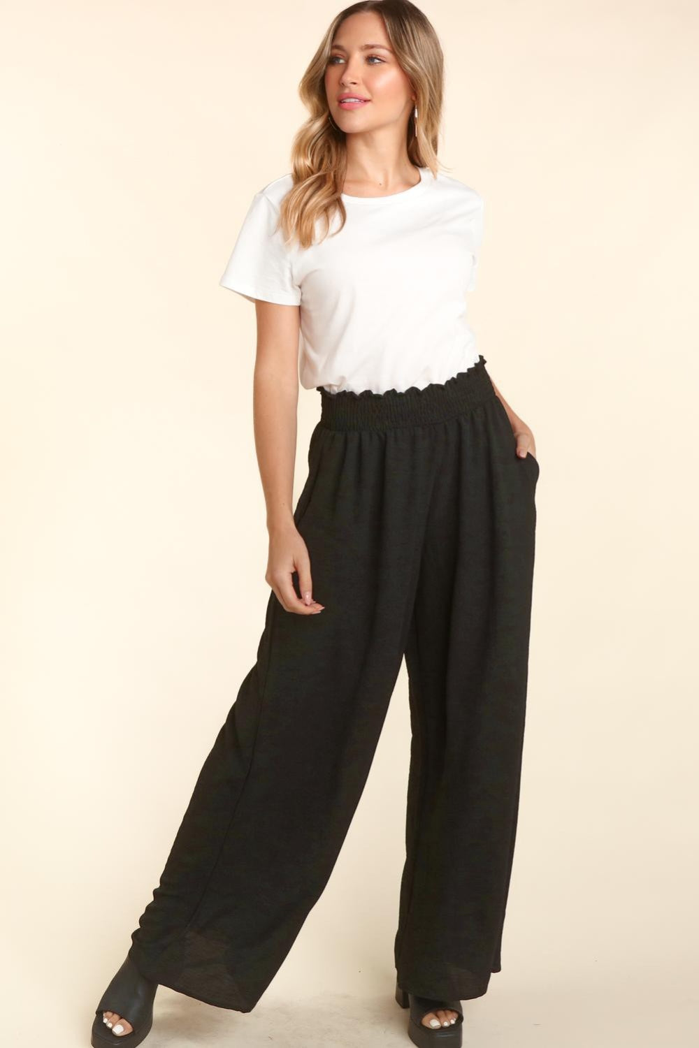 Blue Zone Planet | Haptics Elastic Waist Wide Leg Pants with Pockets-TOPS / DRESSES-[Adult]-[Female]-2022 Online Blue Zone Planet