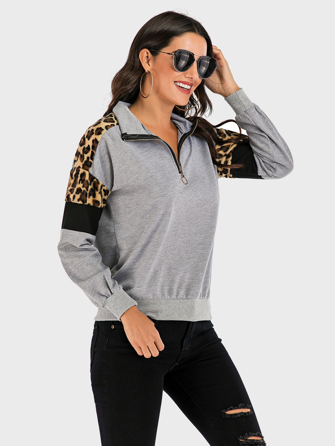 Perfee Contrast Leopard Half Zip Long Sleeve Sweatshirt-TOPS / DRESSES-[Adult]-[Female]-2022 Online Blue Zone Planet