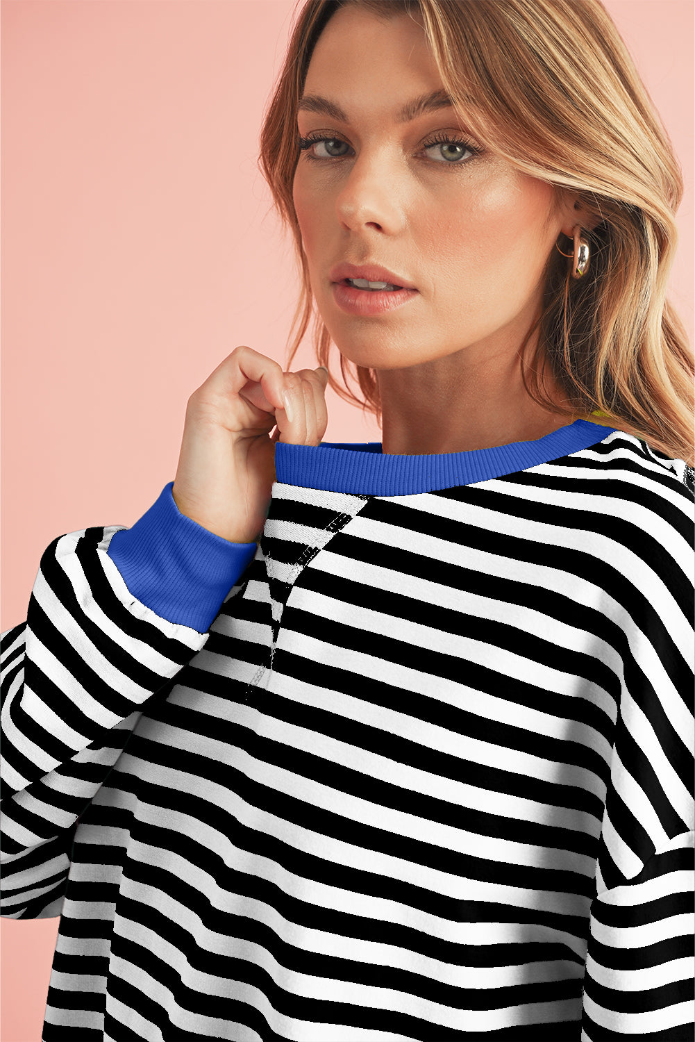 Black Stripe Contrast Edge Cross Seam Oversized Sweatshirt-Sweatshirts & Hoodies-[Adult]-[Female]-2022 Online Blue Zone Planet