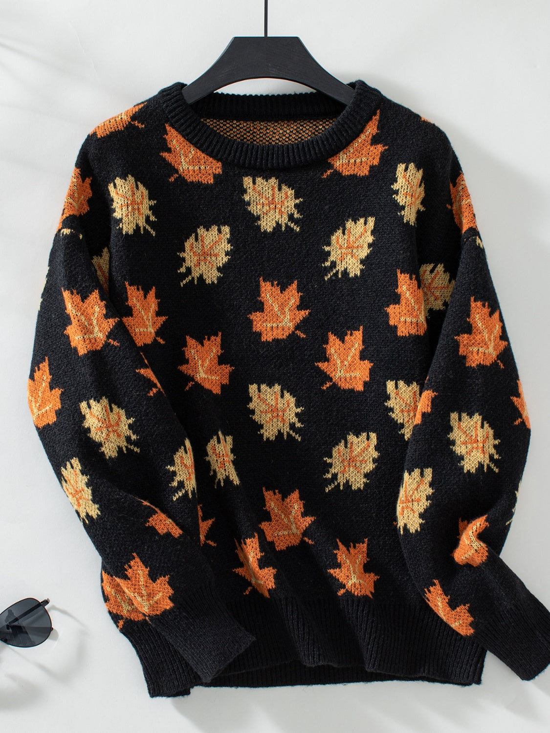 Maple Leaf Round Neck Long Sleeve Sweater-TOPS / DRESSES-[Adult]-[Female]-Black-S-2022 Online Blue Zone Planet