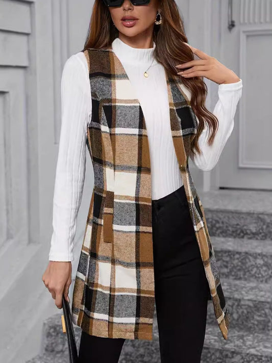 Plaid V-Neck Vest Coat-[Adult]-[Female]-Camel-S-2022 Online Blue Zone Planet